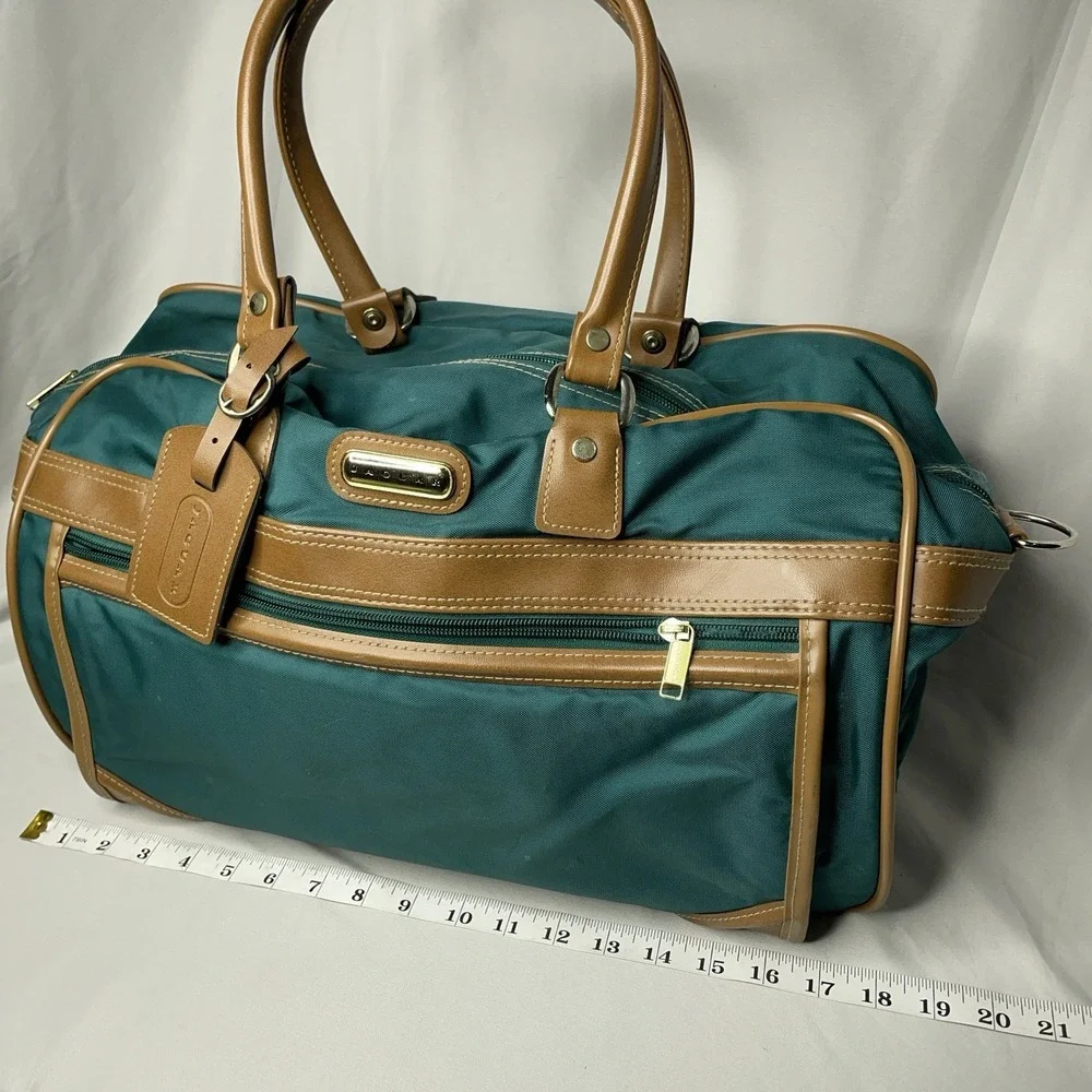 Vintage Jaguar Canvas Leather Duffle Bag Green Medium Large 90s Travel Luggage